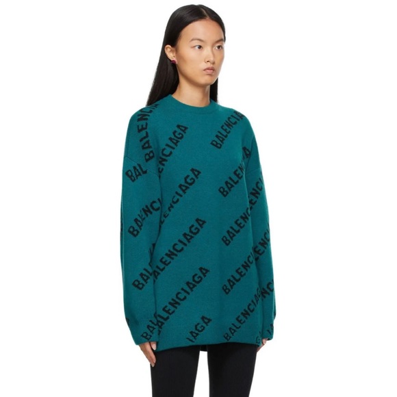 BALENCIAGA Oversized Wool Logo Jacquard Knit Sweater Petrol Blue & Black Sz XS - Picture 5 of 8